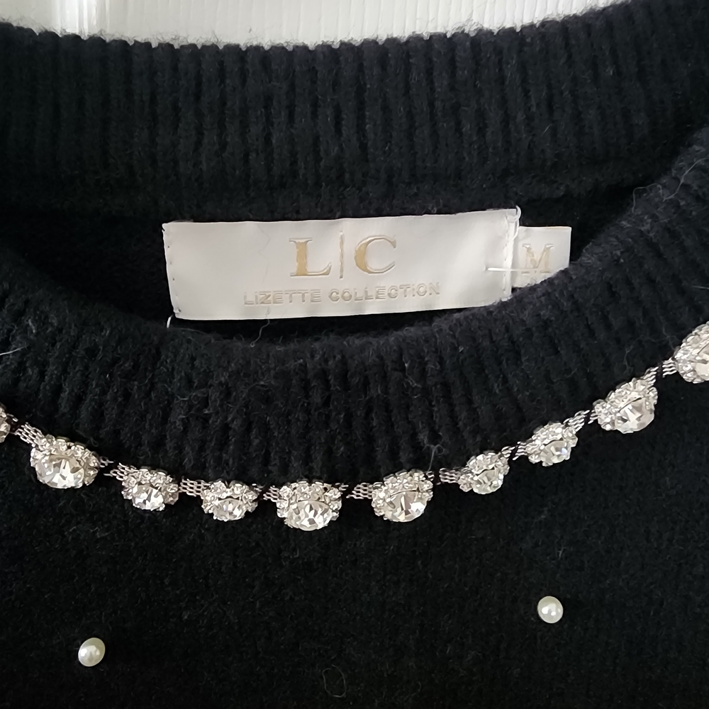 Elegant Black Sweater with Crystal And Pearl Accents - Picture 3 of 4